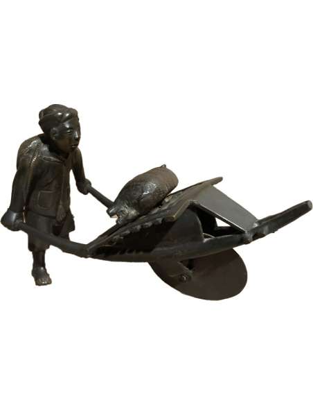 Sculpture of an Asian Pushing a Wheelbarrow 19th Century-Bozaart