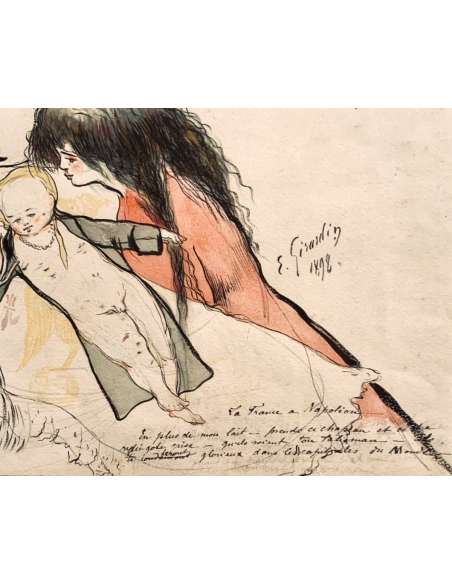 Framed watercolor "France to Napoleon" 19th Century-Bozaart