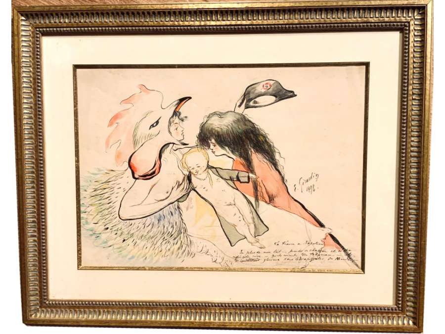 Framed watercolor "France to Napoleon" 19th Century