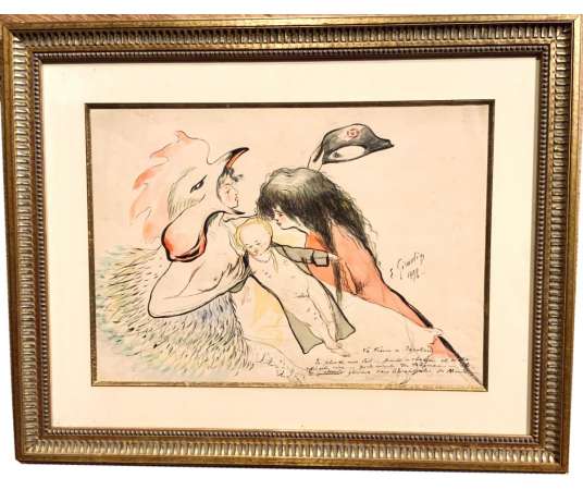 Framed watercolor "France to Napoleon" 19th Century