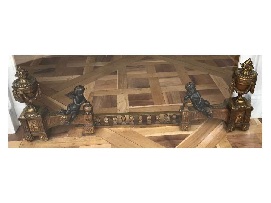 Belle paire de chenets XIXeme en bronze a patine noir et doré de style Louis XVI