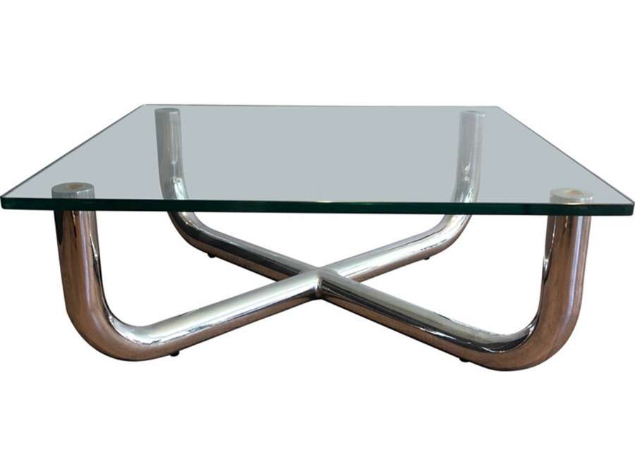 Table basse ancienne chromée à plateau de verre