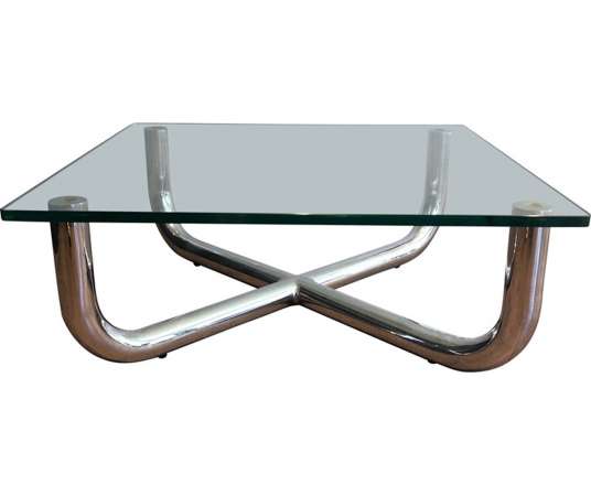 Table basse ancienne chromée à plateau de verre