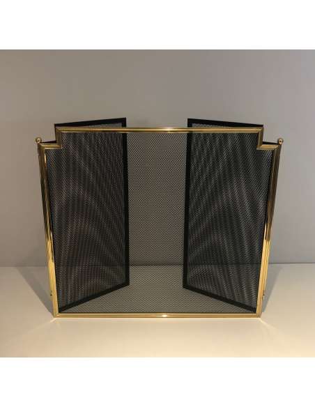 Neoclassical fire screen in brass and mesh from the '70s-Bozaart