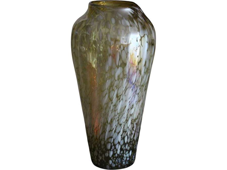 Large Vintage Iridescent Mid Century Murano Glass Vase in Barbini Style