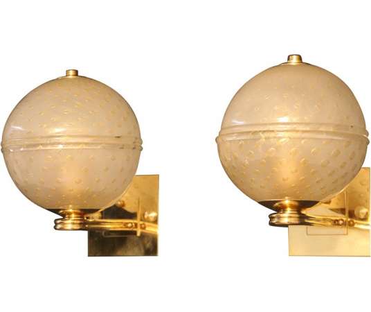 Pair of Sconces in Golden Pulegoso Murano Glass in Barovier Style