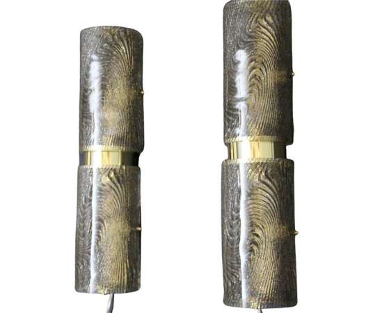 Pair of Long Smoked Frosted Murano Glass Sconces,Cylinder Shape Wall Lights