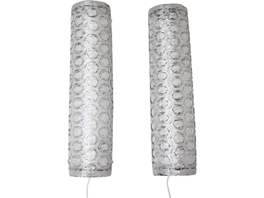 Paire de grandes appliques cylindriques en verre de Murano +texturé clair et blanc