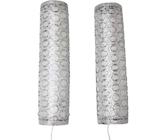 Pair of Large Clear and White Textured Murano Glass Cylinder Wall Sconces