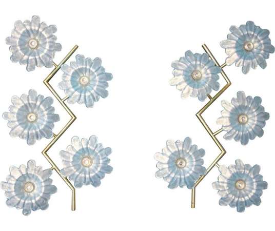 Grande Paire d’Appliques Fleurs +en Verre de Murano Bleu Irisé