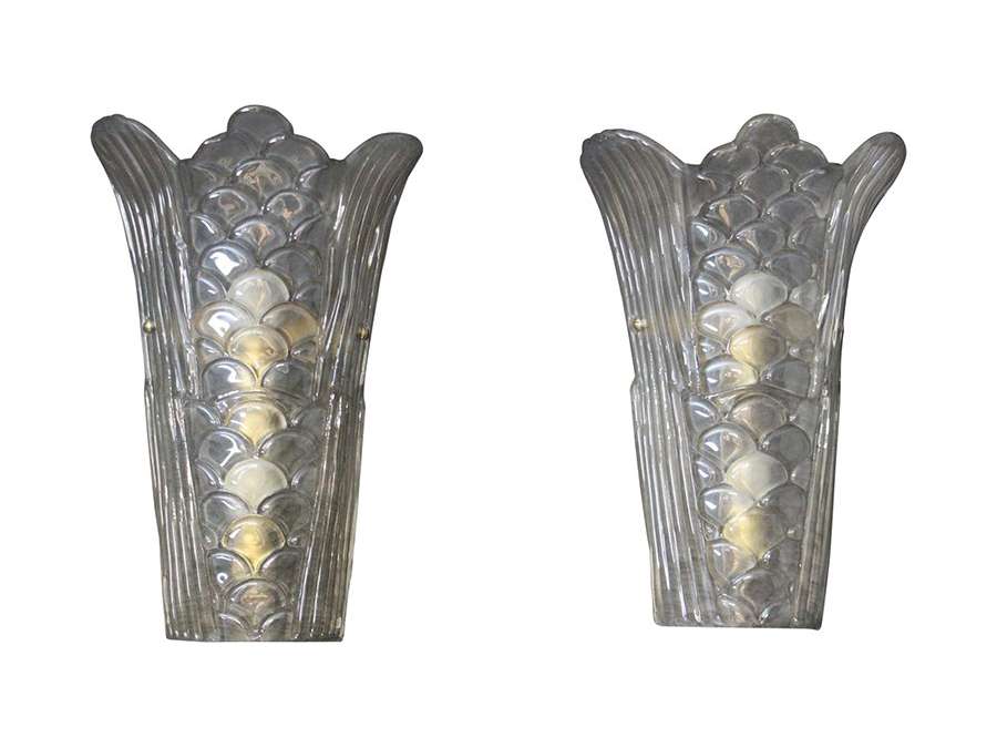 Pair of Molded Clear Frosted Murano Glass Wall Lights
