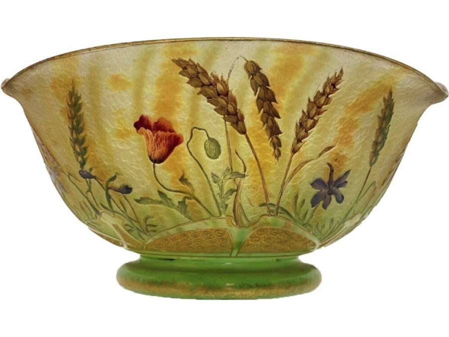 DAUM: Enameled wheat and poppies+ glass bowl, Circa 1910
