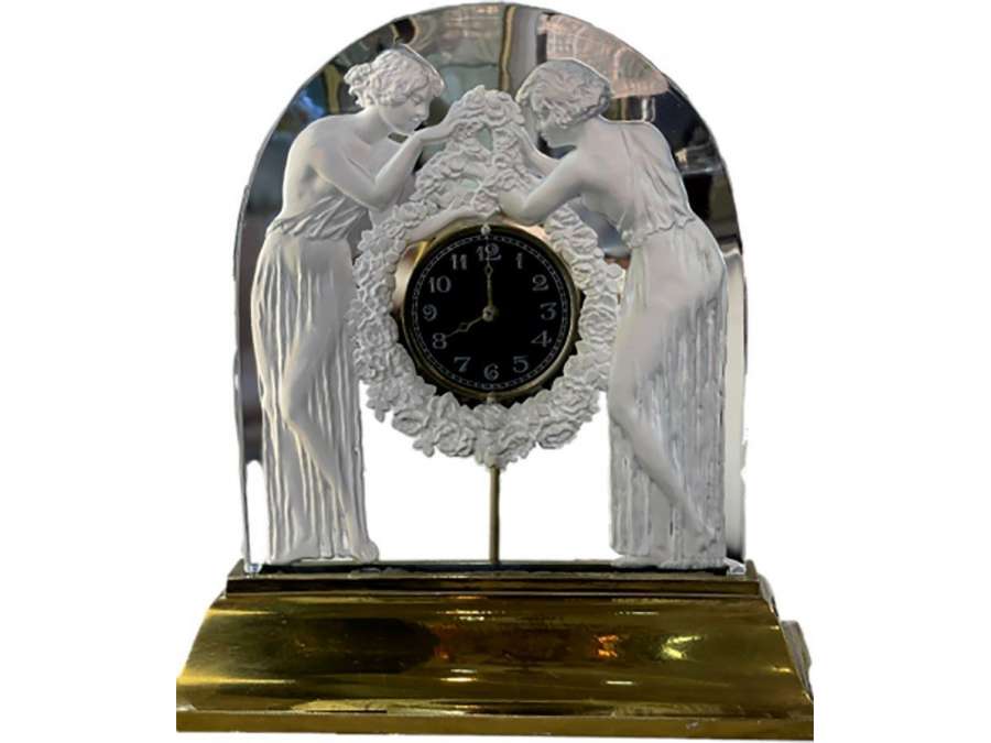 René Lalique: Electric Clock "The Two Figurines" + in glass 1926