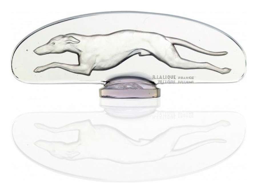 Rene Lalique, "Levrier" radiator cap + in glass of 20th century. years 1928