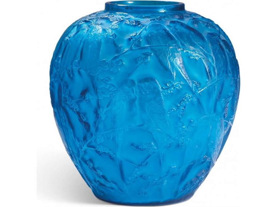RenÉ Lalique Vase With "parakeets" Blue Glass - vases and glass objects