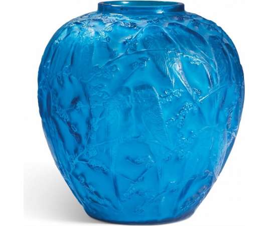 RenÉ Lalique Vase Aux «perruches» Verre Bleu - vases et objets en verre