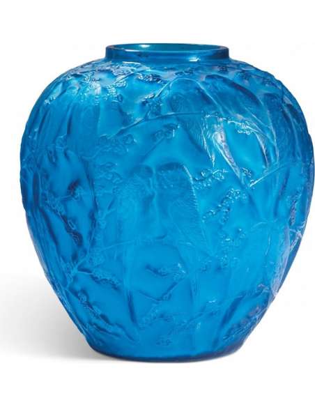 RenÉ Lalique Vase With "parakeets" Blue Glass - vases and glass objects-Bozaart