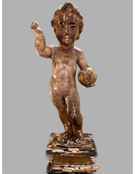 Child Jesus In Carved Wood. Eighteenth Century period - religious art objects-Bozaart