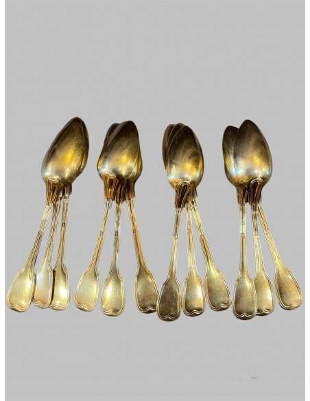 Series Of 12 Coffee Spoons In Vermeil, Old Man's Hallmark. XIXth century period - cutlery, housewives-Bozaart