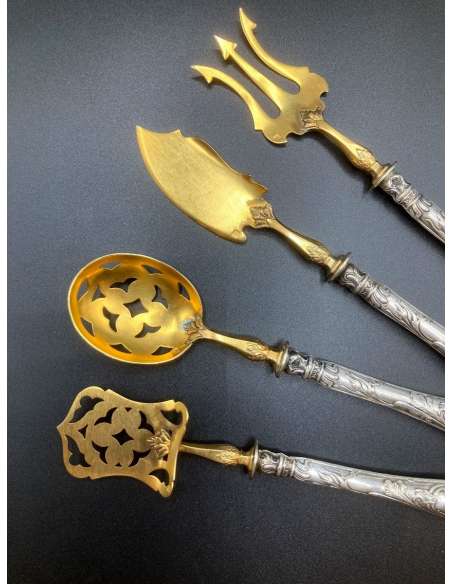 Solid Silver Dessert Set. Art Nouveau style, 1900 - cutlery, housewives-Bozaart