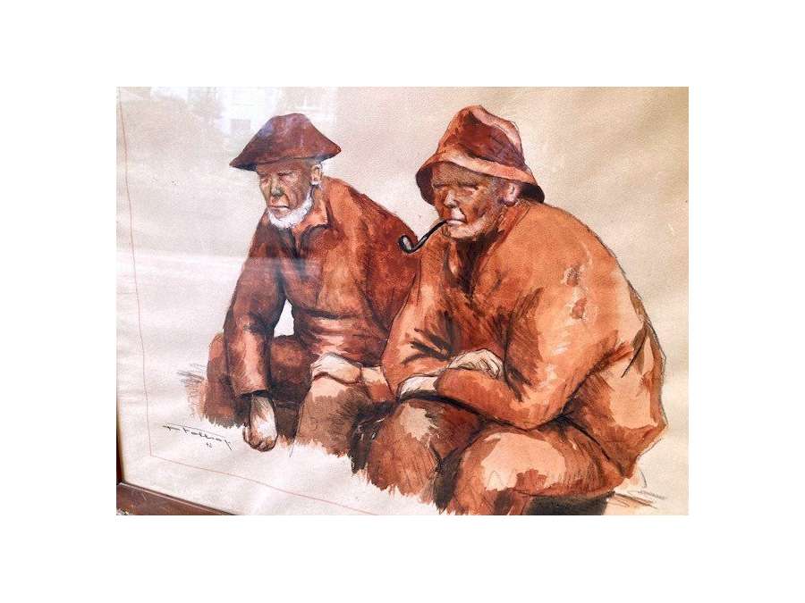 P. FOLLIOT: "Deux pêcheurs" +en crayon aquarellé du 20e siècle