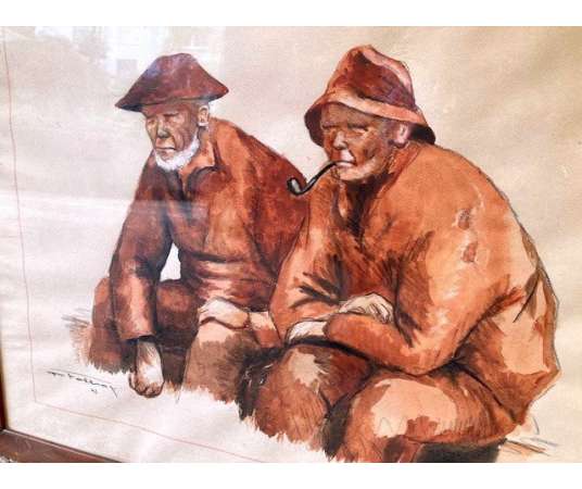 "Two fishermen". Watercolor pencil by P. FOLLIOT - Watercolors