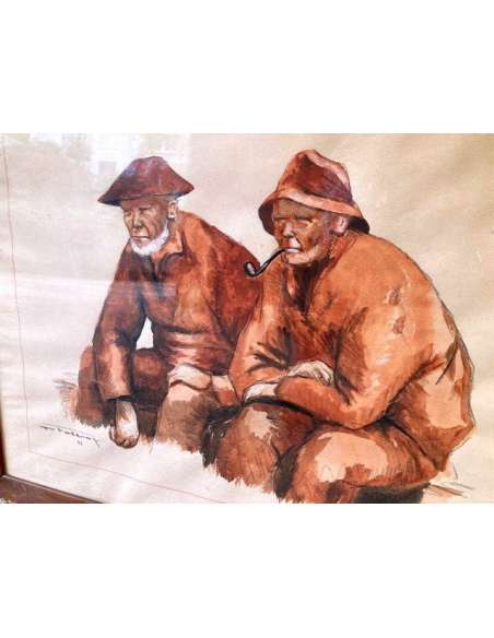 "Deux pêcheurs". Crayon aquarellé de P. FOLLIOT - Aquarelles-Bozaart