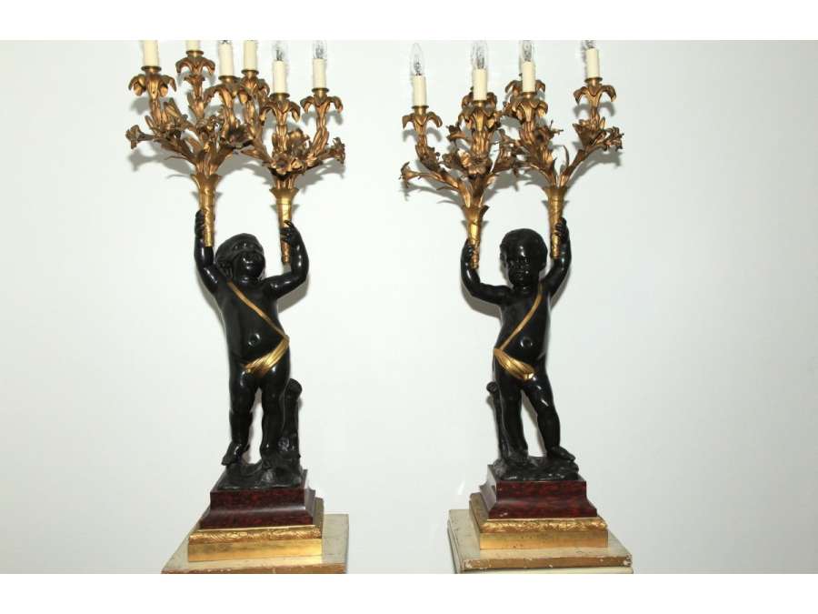 Pair Of Torches In Gilded Bronze And Brown Patina of Origin from The 19th century