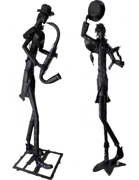 Sculptures En Fer De L’artiste Jean Alexandre Delattre L’homme aux Fleurs Et L’homme Au Saxo. - sculptures autres matériaux-Bozaart