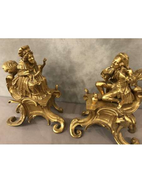 19th century Gilded Bronze Chenets - chenets, fireplace accessories-Bozaart