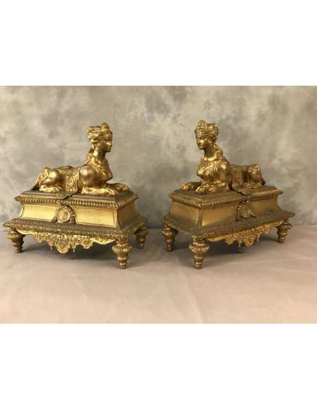 Gilded Bronze Chenets With Sphinxes From the 19th century - chenets, fireplace accessories-Bozaart