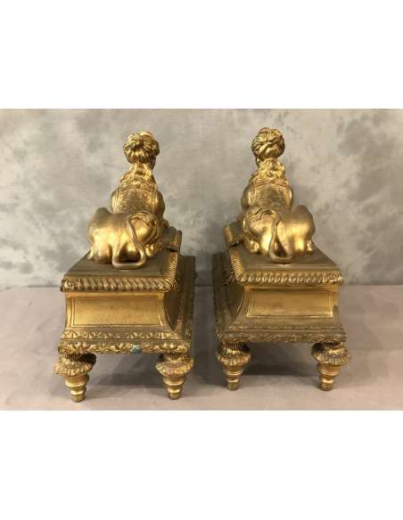 Gilded Bronze Chenets With Sphinxes From the 19th century - chenets, fireplace accessories-Bozaart