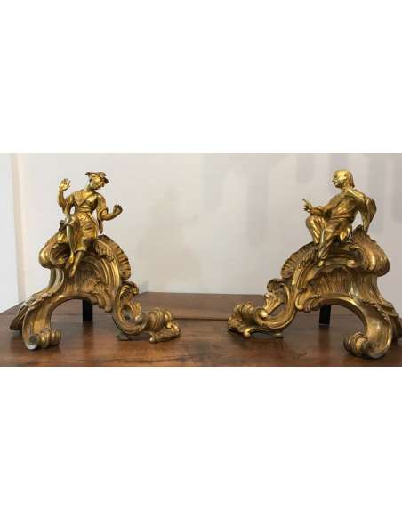 Paire De ravissants de feux De cheminée En Bronze Doré Aux Chinois D’époque 19ème - chenets, accessoires de cheminée-Bozaart