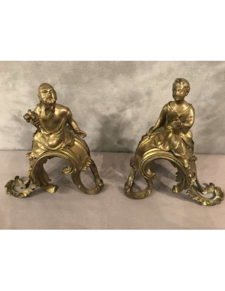 Chenets Aux Chinois En Bronze D’époque 18ème - chenets, accessoires de cheminée-Bozaart