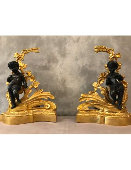 Paire De Chenets D’époque 19ème En Bronze Doré Et Bronze Patiné-Bozaart