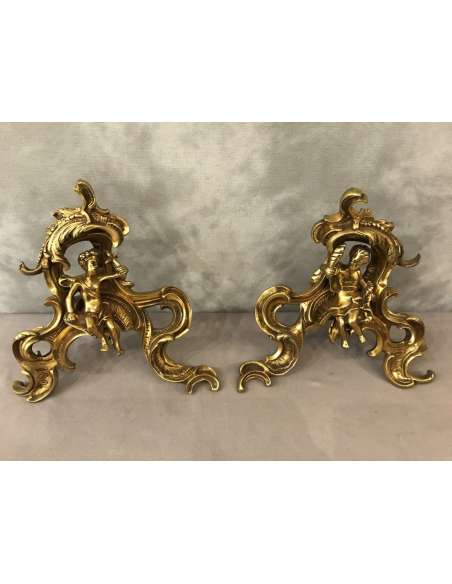 Pair Of Gilded Bronze Chenets From The 19th Century Decorated With Characters - chenets, fireplace accessories-Bozaart