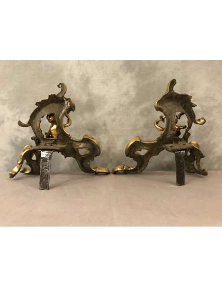 Pair Of Gilded Bronze Chenets From The 19th Century Decorated With Characters - chenets, fireplace accessories-Bozaart