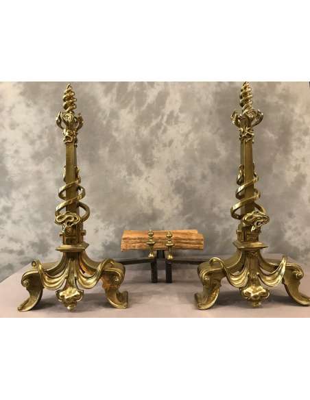 Pair Of Art Nouveau Bronze Chenets in the taste of GUIMARD - chenets, fireplace accessories-Bozaart