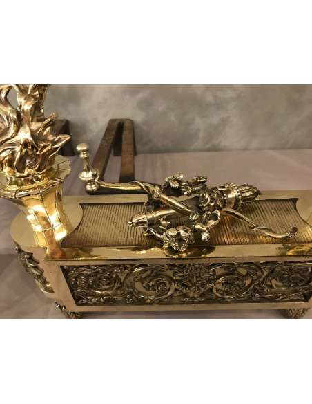 Paire De Chenets Anciens En Bronze Poli D’époque 18 ème Louis XVI Aux Carquois Et Arcs - chenets, accessoires de cheminée-Bozaart