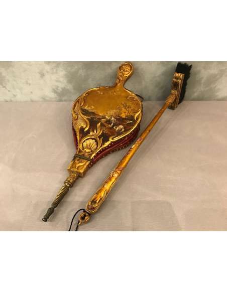 Delightful Fireplace Set With A Large Bellows And A Matching 19th Century Broom - chenets, fireplace accessories-Bozaart