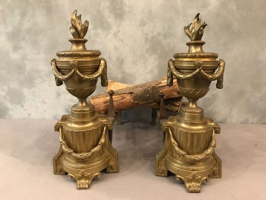 Important Gilded Bronze Chenets From the 18th Louis XVI period - chenets, fireplace accessories