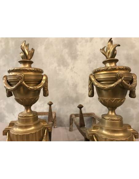 Important Gilded Bronze Chenets From the 18th Louis XVI period - chenets, fireplace accessories-Bozaart