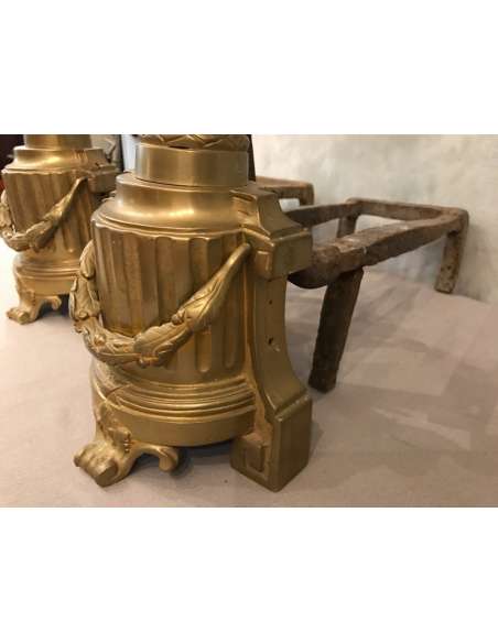 Important Gilded Bronze Chenets From the 18th Louis XVI period - chenets, fireplace accessories-Bozaart