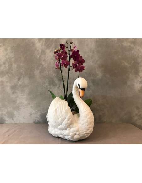 Large Swan In Biscuit Porcelain From The 19th Century (Large Cache- Pot) - Groups,figurines porcelain biscuits-Bozaart