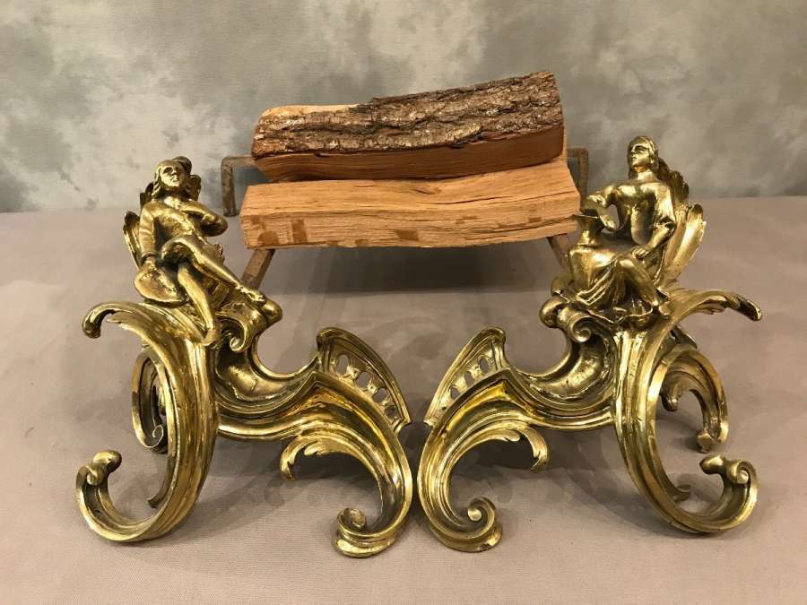 Pair Of Antique Bronze Louis XV 19th Century Chenets - chenets, fireplace accessories