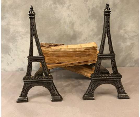 Antique Polished Cast Iron Chenets Representing The Eiffel Tower Circa 1900 - chenets, fireplace accessories