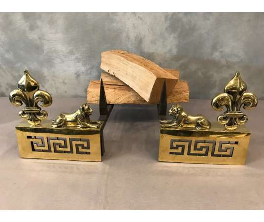 Pair Of Bronze Chenets With Lions From The Early 19th century - chenets, fireplace accessories