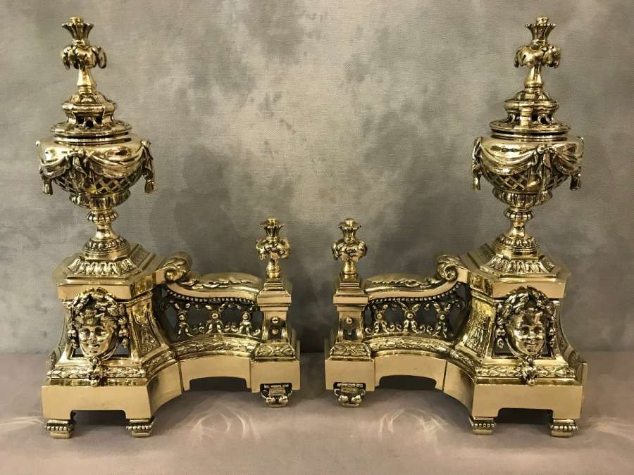 Pair Of Polished Bronze Chenets From The 19th Century Louis XVI Style - chenets, fireplace accessories