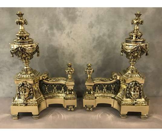 Pair Of Polished Bronze Chenets From The 19th Century Louis XVI Style - chenets, fireplace accessories