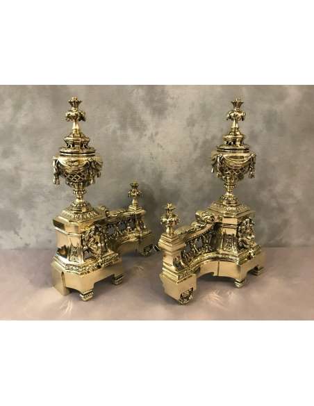 Pair Of Polished Bronze Chenets From The 19th Century Louis XVI Style - chenets, fireplace accessories-Bozaart